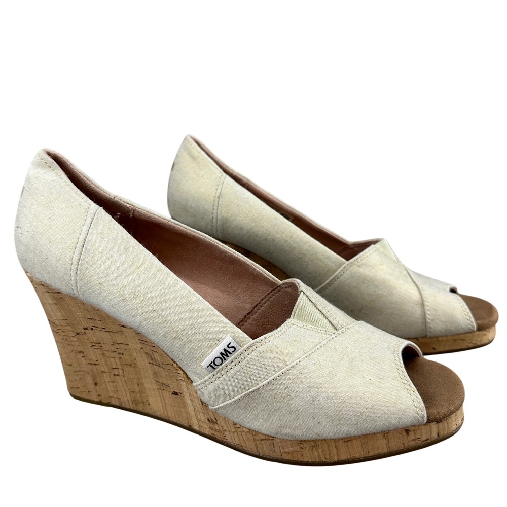 Toms Cream Canvas Cork Wedge Peep Toe Sandals Metallic Shimmer 10 Resort Summer